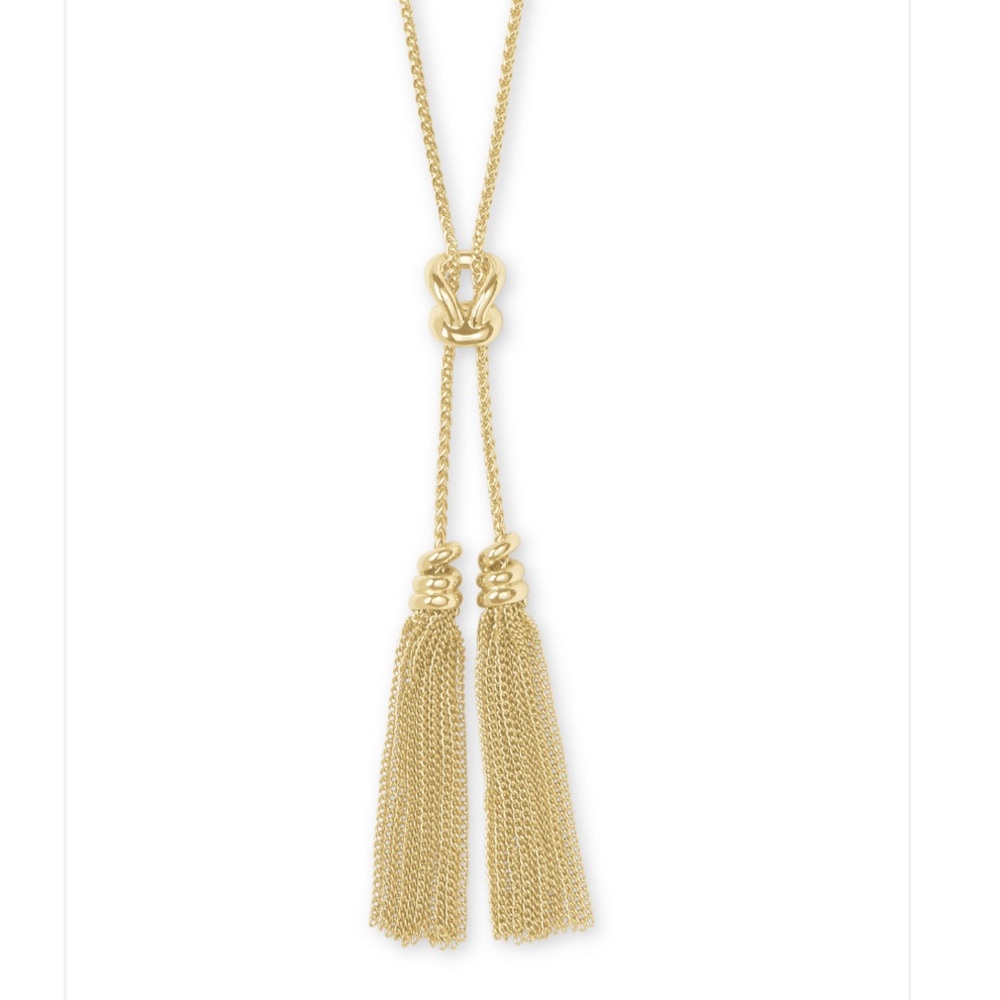 KENDRA SCOTT Love Knot & Chain Tassel 30" Lariat Necklace w yellow box